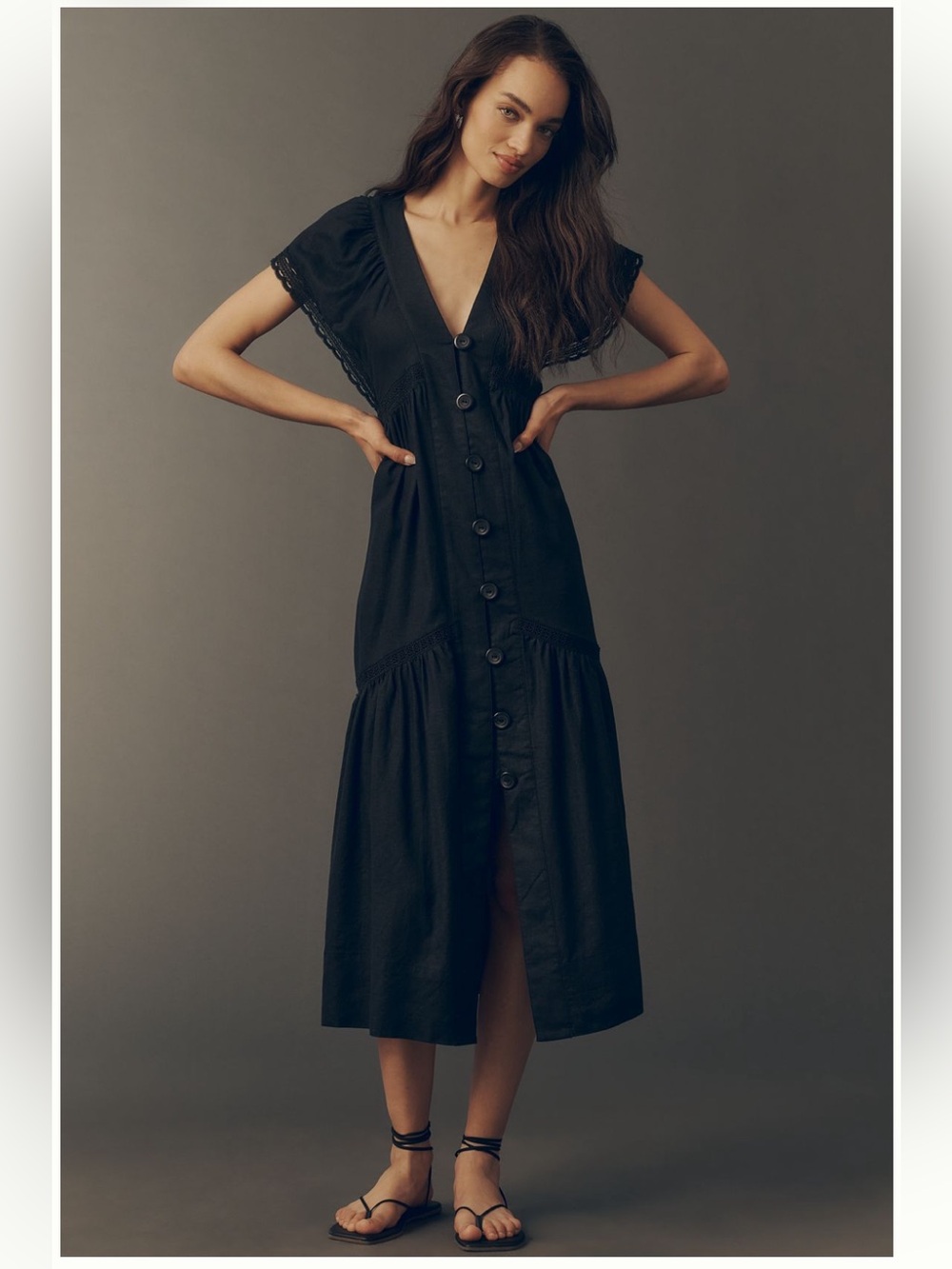 Anthropologie Black Button-Front linen Midi Dress